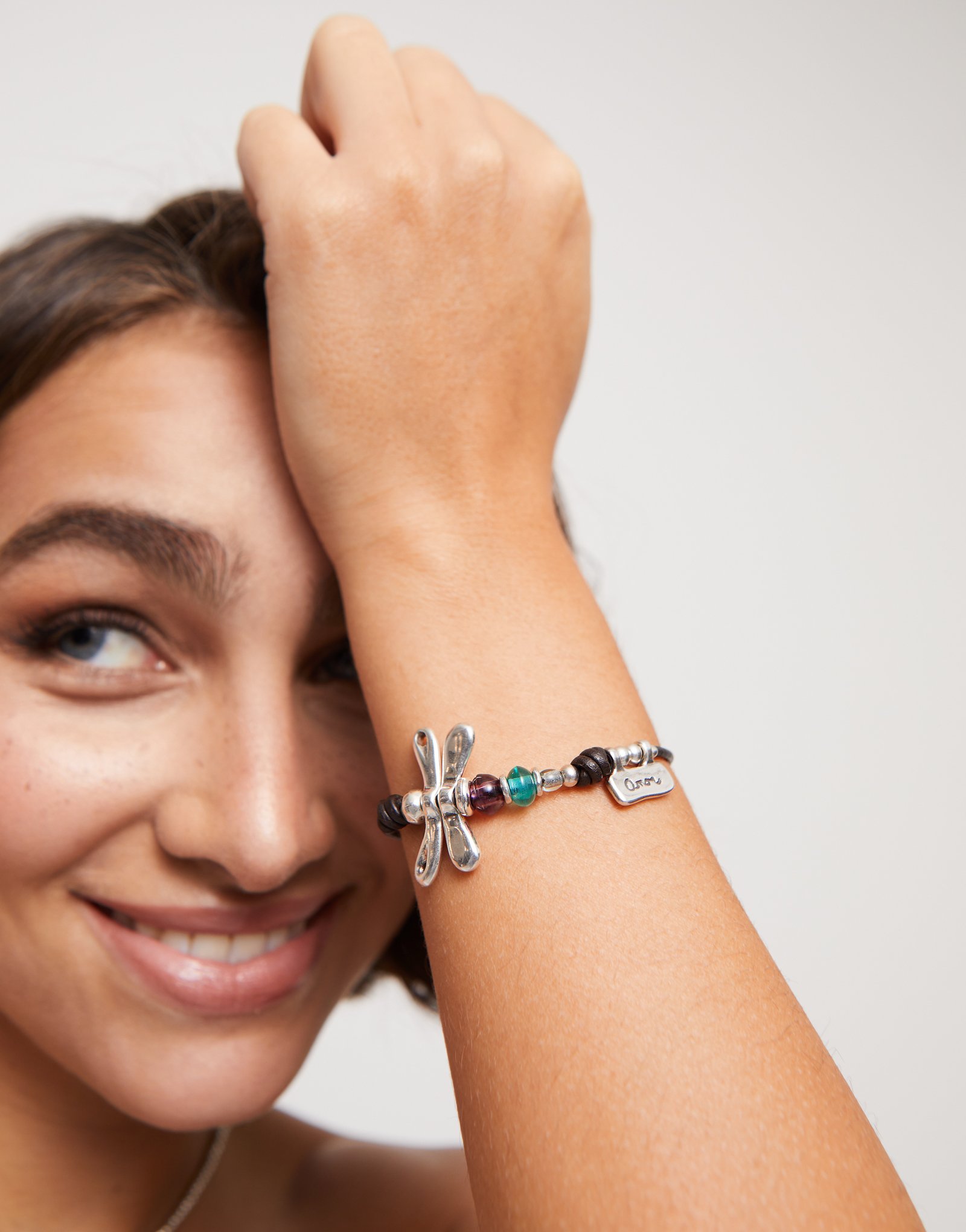 Leather bracelet with sterling silver-plated dragonfly, Silver, large thumbnail